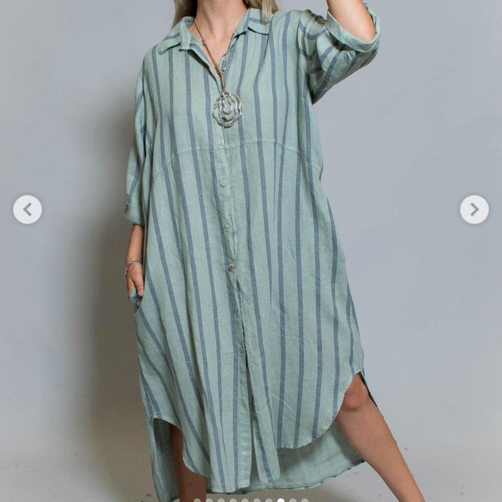 Linen midi dress Medium green blue striped